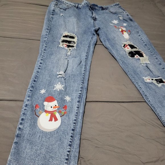 Holiday Snowman & Snowflake Women's Medium Wash Jeans, Size 18 - Picture 3 of 9